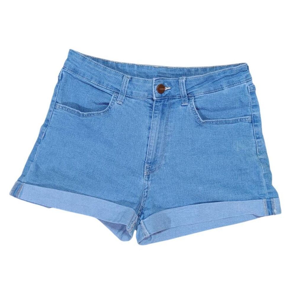 H&M &Denim Jean Shorts Cuffed Stretch Sz 6 High Rise Light Blue